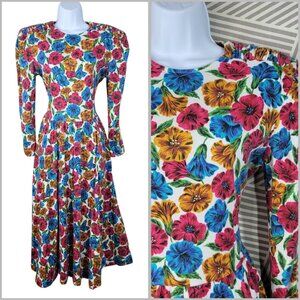 Vintage 80s Shirt Dress size 10/12 Floral Alt Puff Shoulder Pink Blue Flare